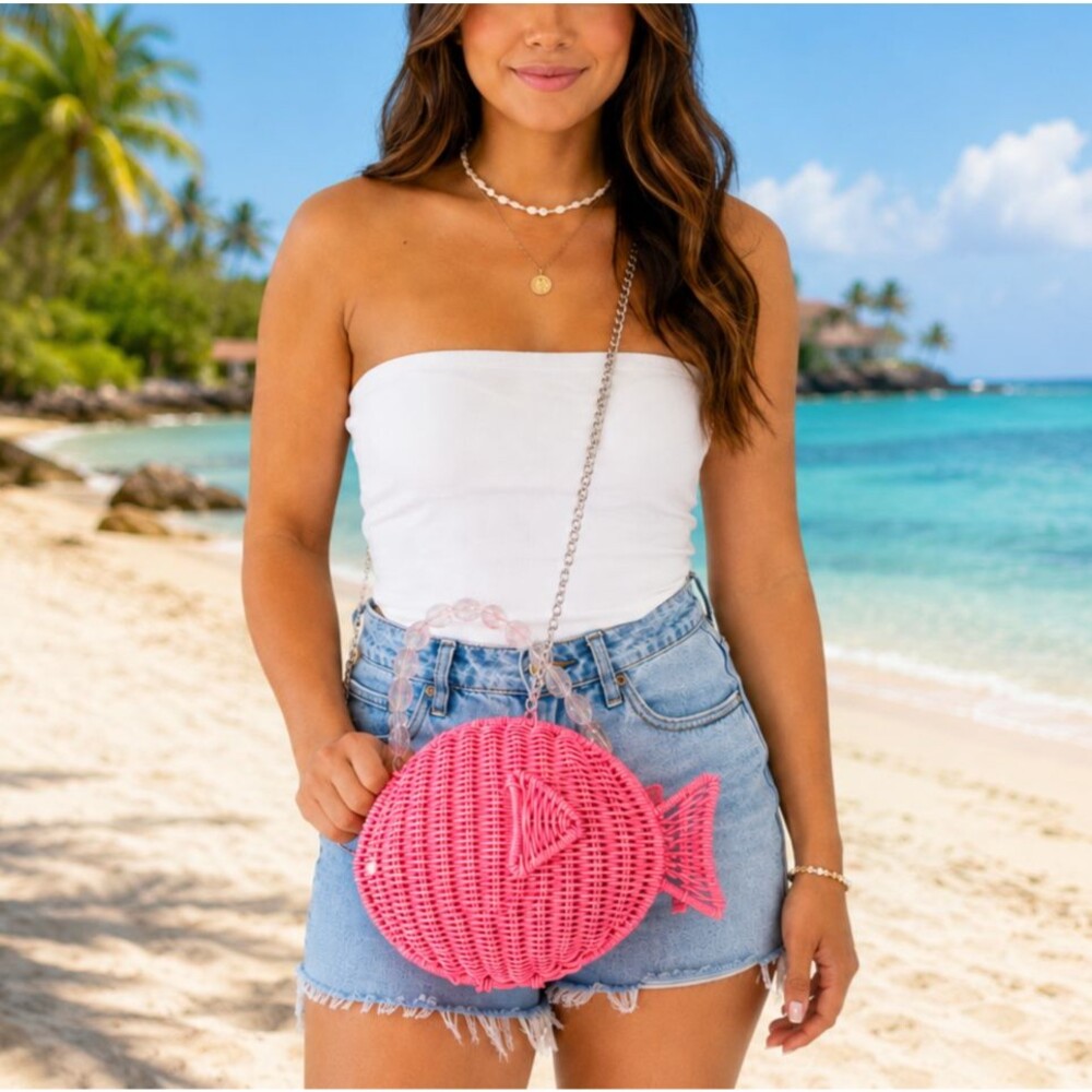 NWT Tommy Bahama Pink Wicker Fish Purse Straw Handbag Beach Bag Novelty Tropical